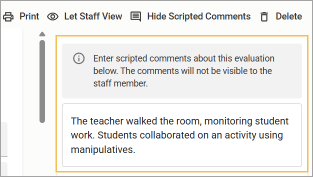 Instructions and a text box for entering scripted comments.